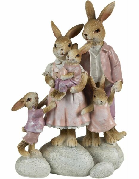 6PR3540 Clayre & Eef Figur Hasenfamilie auf Steinen rosa/beige Osterdeko