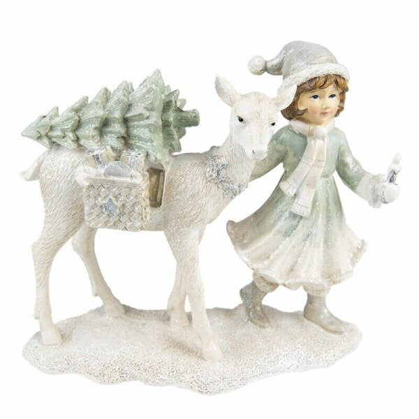 6PR4808 Clayre & Eef Figur Winterkind 18 cm Kind Mädchen mit Reh und Baum weiß Polyresin