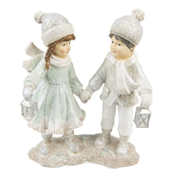 6PR4805 Clayre & Eef Figur Winterkinder 19 cm Kinder Laterne silberfarben/weiß Polyresin