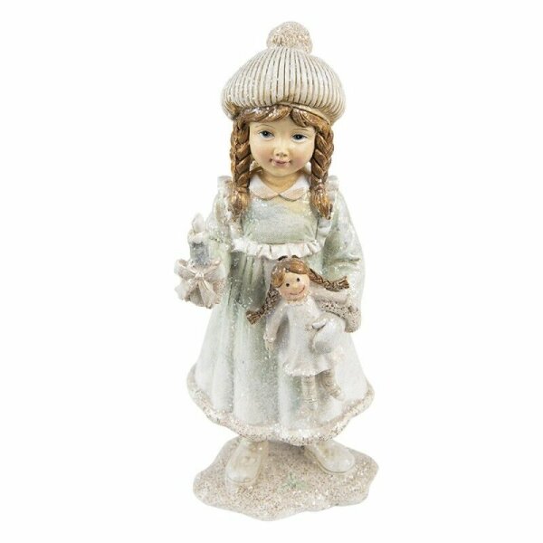 6PR4807 Clayre & Eef Figur Winterkind 19 cm Kind Mädchen mit Puppe beige/grün Polyresin