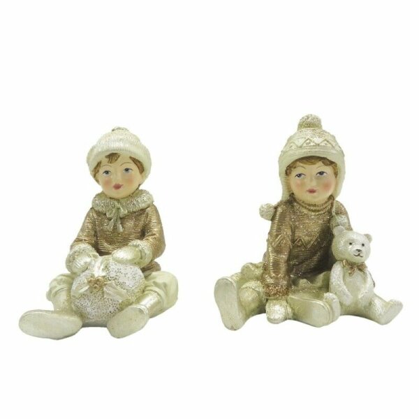 6PR4801 Clayre & Eef 2er Set Figur Winterkinder 9 cm Kinder beige/goldfarbig Polyresin