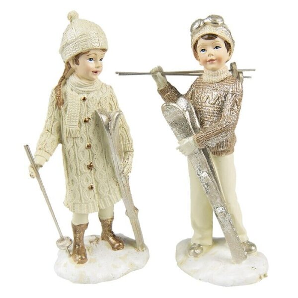 6PR4795 Clayre & Eef 2er Set Figur Winterkinder 14 cm Kinder beige Polyresin Winterdeko