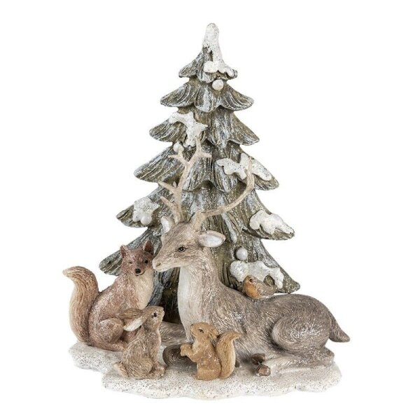 6PR4650 Clayre & Eef Figur Tiere / Hirsch unter Tannenbaum 20 cm Winterdeko