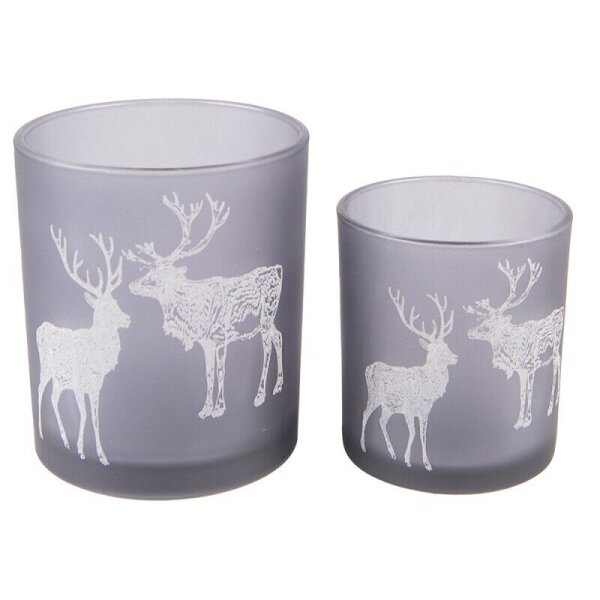 6GL4098 Clayre & Eef 2er Set Teelichthalter Rentier grau Glas Teelicht Ø 9x10 / Ø 7x8 cm