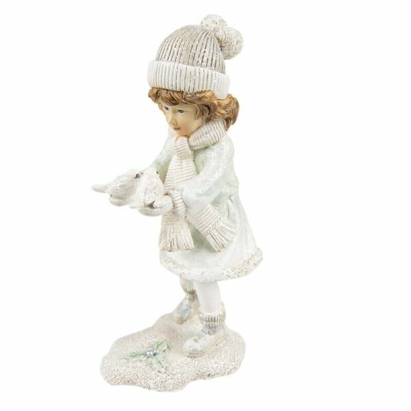 6PR4802 Clayre & Eef Figur Winterkind 19 cm Kind mit 2 Tauben in den Händen, Polyresin