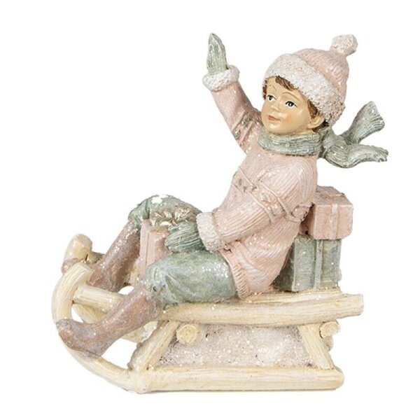 6PR4912 Clayre & Eef Figur Winterkind Junge auf Schlitten rosa Polyresin Winterdeko