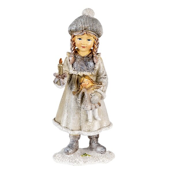 6PR4667 Clayre & Eef Figur Winterkind 19 cm Kind Mädchen mit Puppe grau/weiss Polyresin