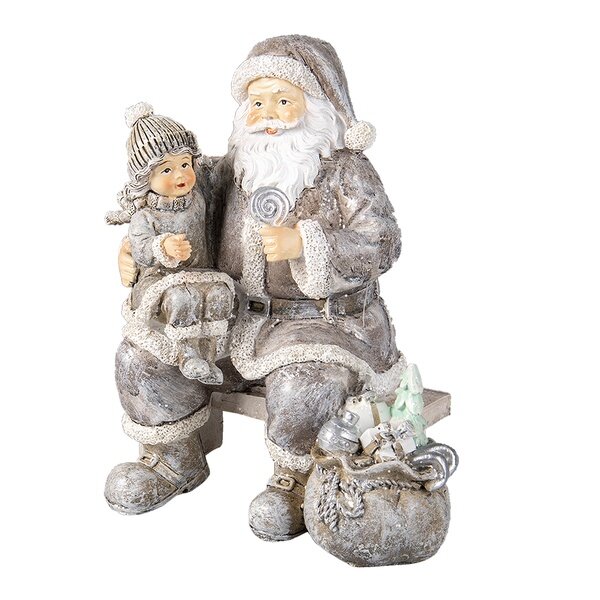 6PR3473 Clayre & Eef Figur Weihnachtsmann mit Kind auf Bank Polyresin Weihnachtsdeko