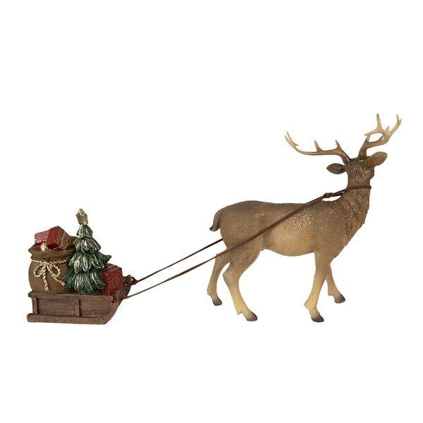 6PR3909 Clayre & Eef Figur Hirsch mit Geschenkeschlitten braun Polyresin Weihnachtsdeko