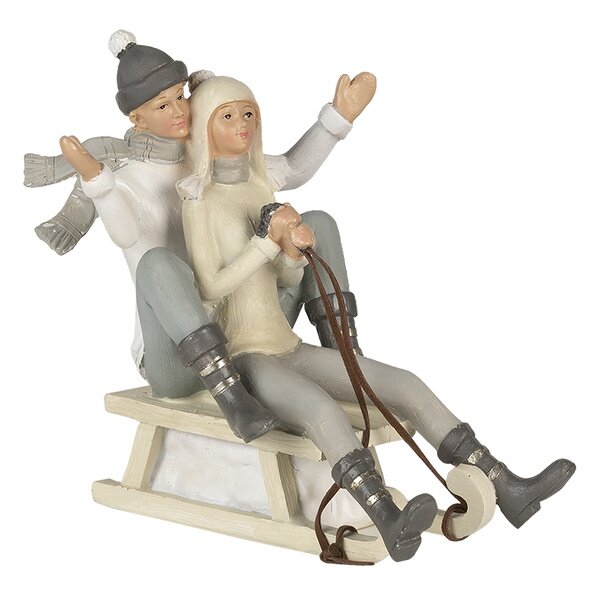 6PR4660 Clayre & Eef Figur Paar auf Schlitten grau/weiss Polyresin Winterdeko