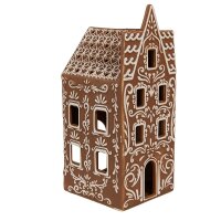 6CE1746 Clayre & Eef Teelichthalter Lebkuchenhaus Porzellan Haus braun Teelicht 7x7x17cm