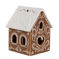6CE1742 Clayre & Eef Teelichthalter Lebkuchenhaus Porzellan Haus braun Teelicht 7x8x9cm