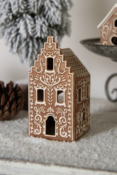 6CE1745 Clayre & Eef Teelichthalter Lebkuchenhaus Porzellan Haus braun Teelicht 7x7x15cm