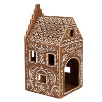 6CE1745 Clayre & Eef Teelichthalter Lebkuchenhaus Porzellan Haus braun Teelicht 7x7x15cm