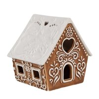 6CE1743 Clayre & Eef Teelichthalter Lebkuchenhaus Porzellan Haus braun Teelicht 9x7x8cm