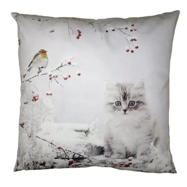 KT021.322 Clayre & Eef Kissenbezug Katze 45 x 45 cm Kissenhülle weiß Polyester